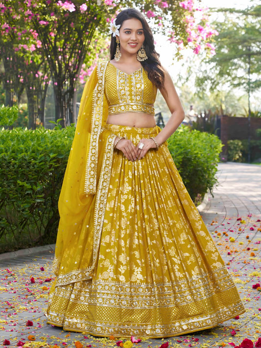 Yellow color dola silk jacquard lehenga choli with dupatta
