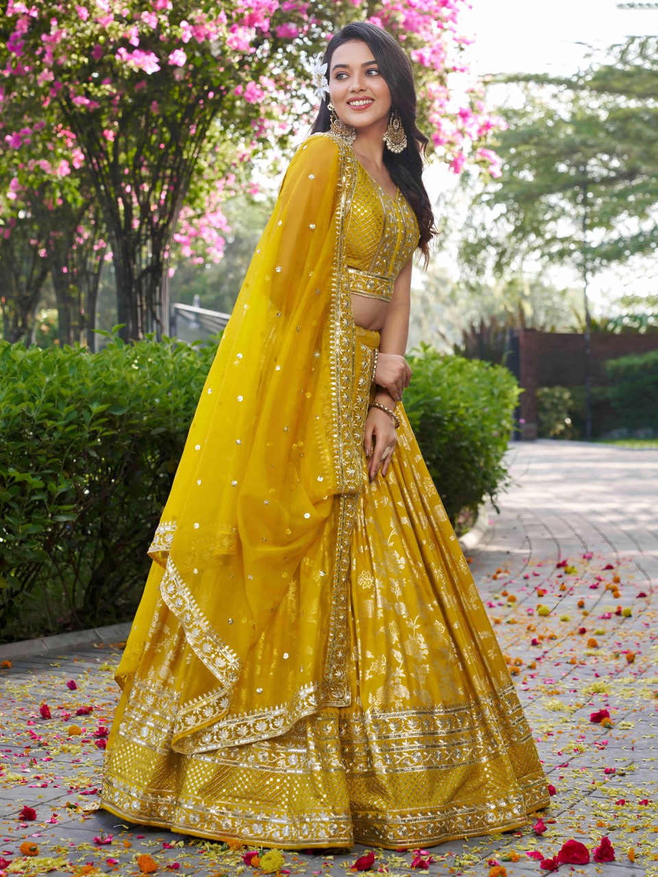 Yellow color dola silk jacquard lehenga choli online
