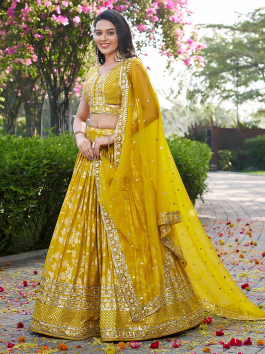 Yellow color dola silk jacquard lehenga choli price
