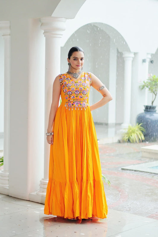 Maxi yellow color rayon navratri gown for women price
