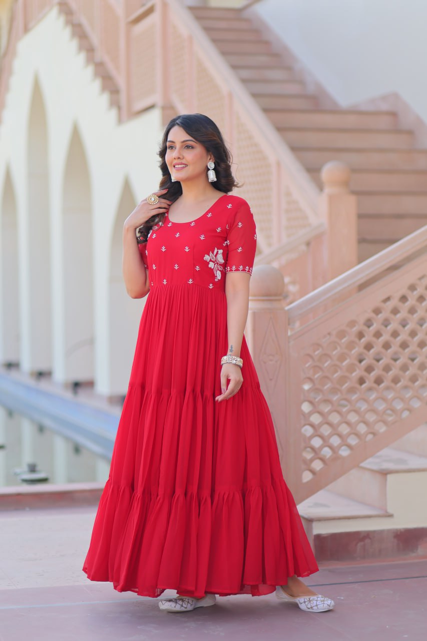 Red color faux blooming gown