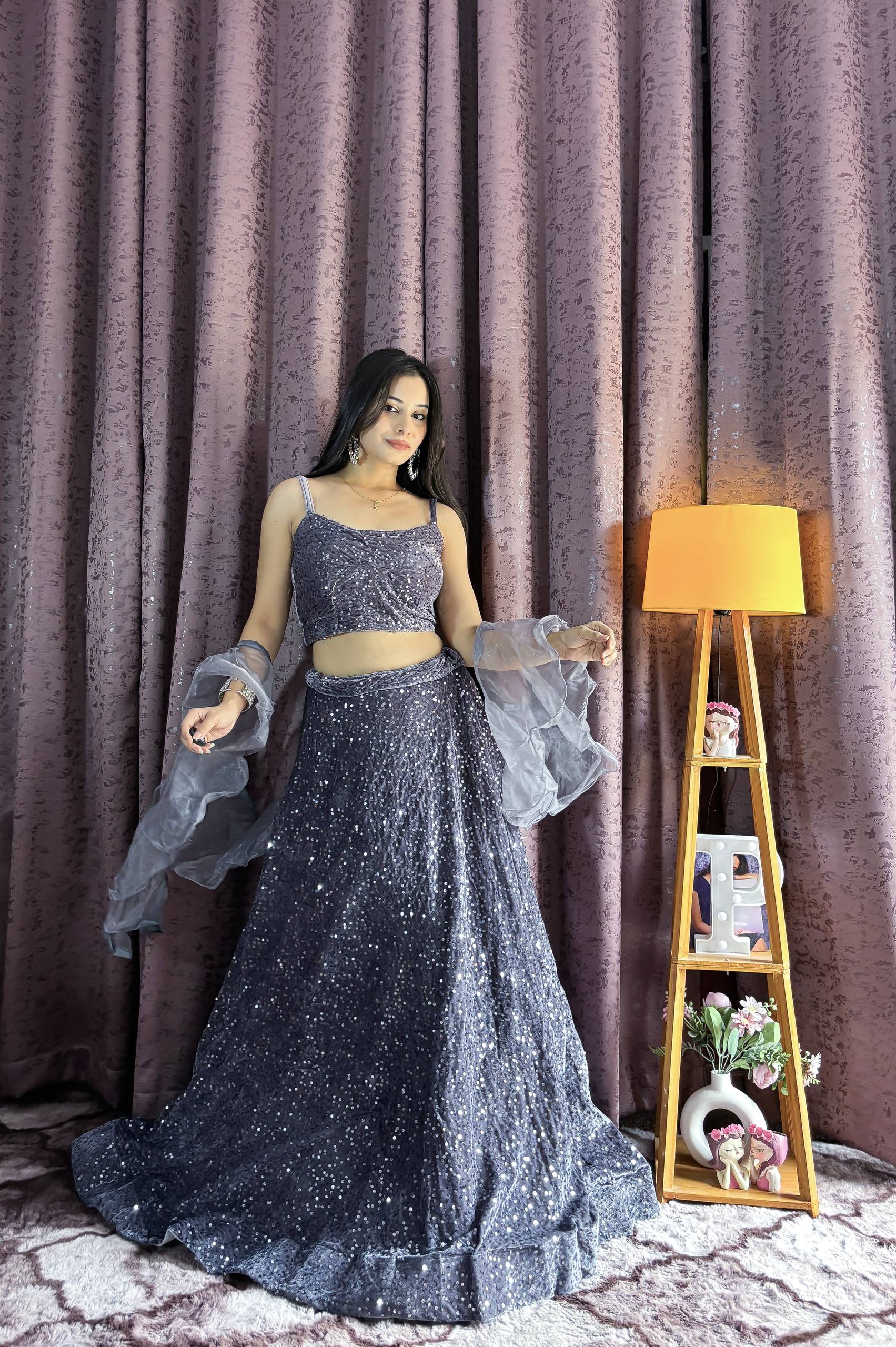 Grey velvet chaniya choli for wedding 