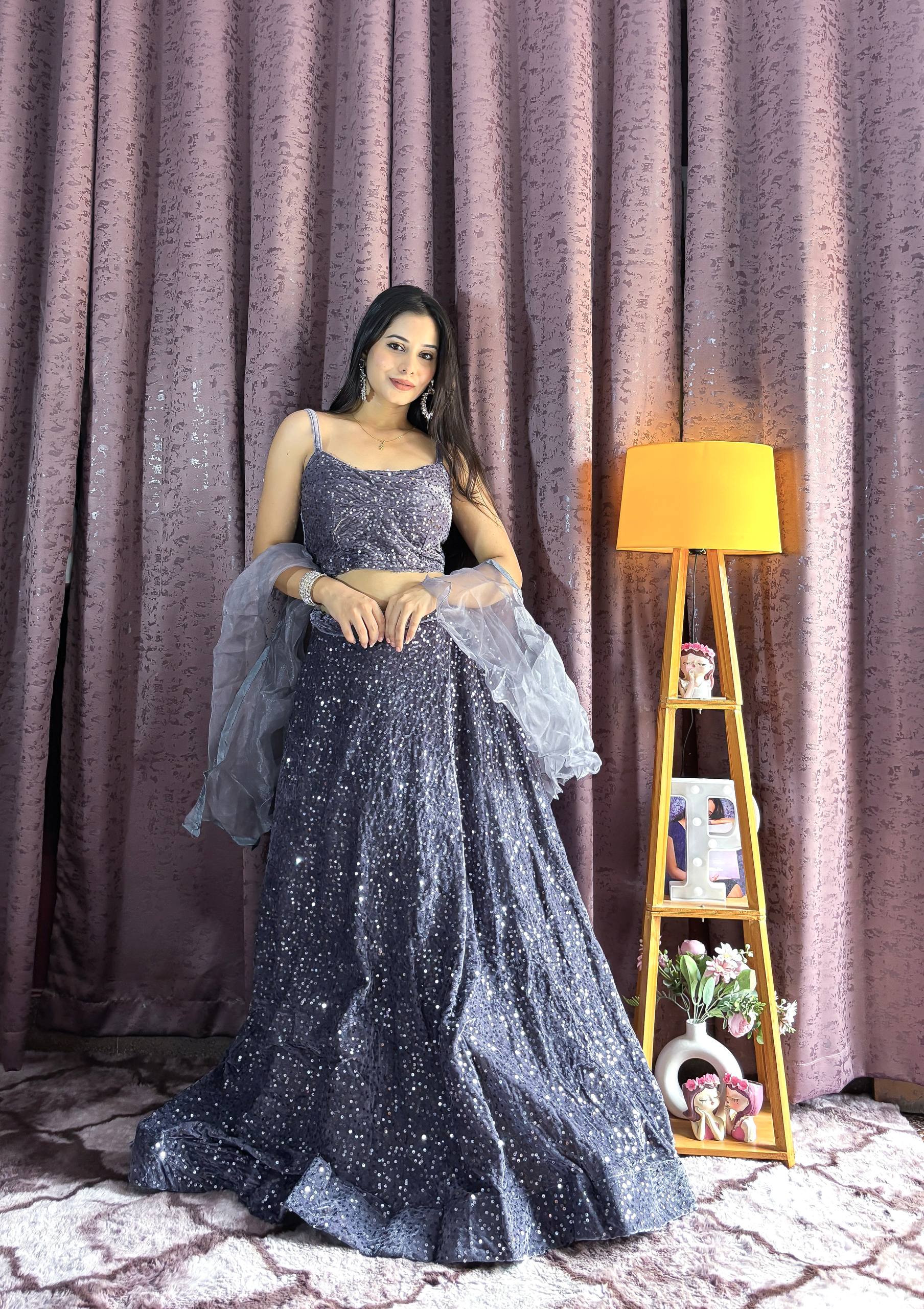 Grey color velvet chaniya choli with dupatta