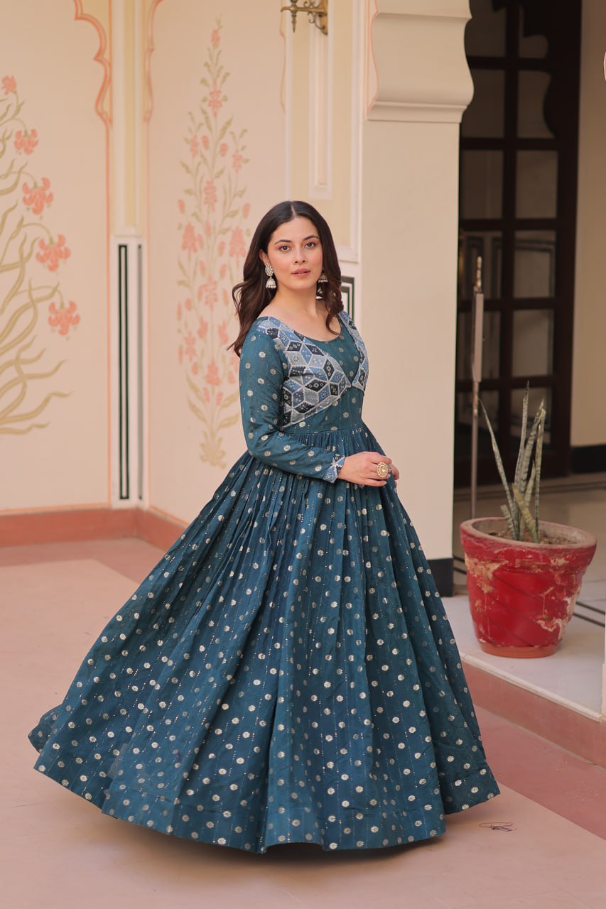 Printed rama color long gown price