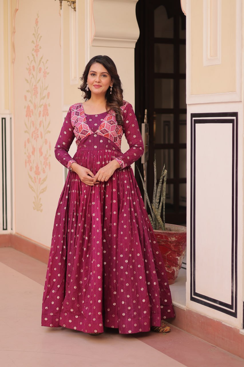 Wine color jacquard gown for women