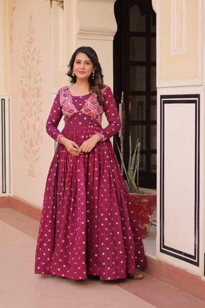 Wine color jacquard gown for women