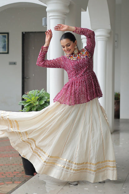 White color gamthi work lehenga with online