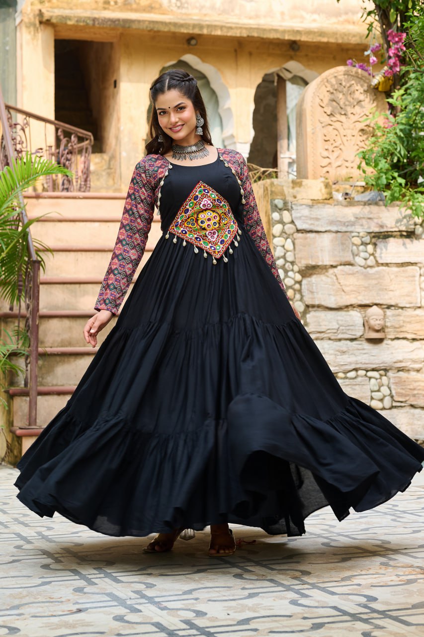 Black embroidery work gown with online 