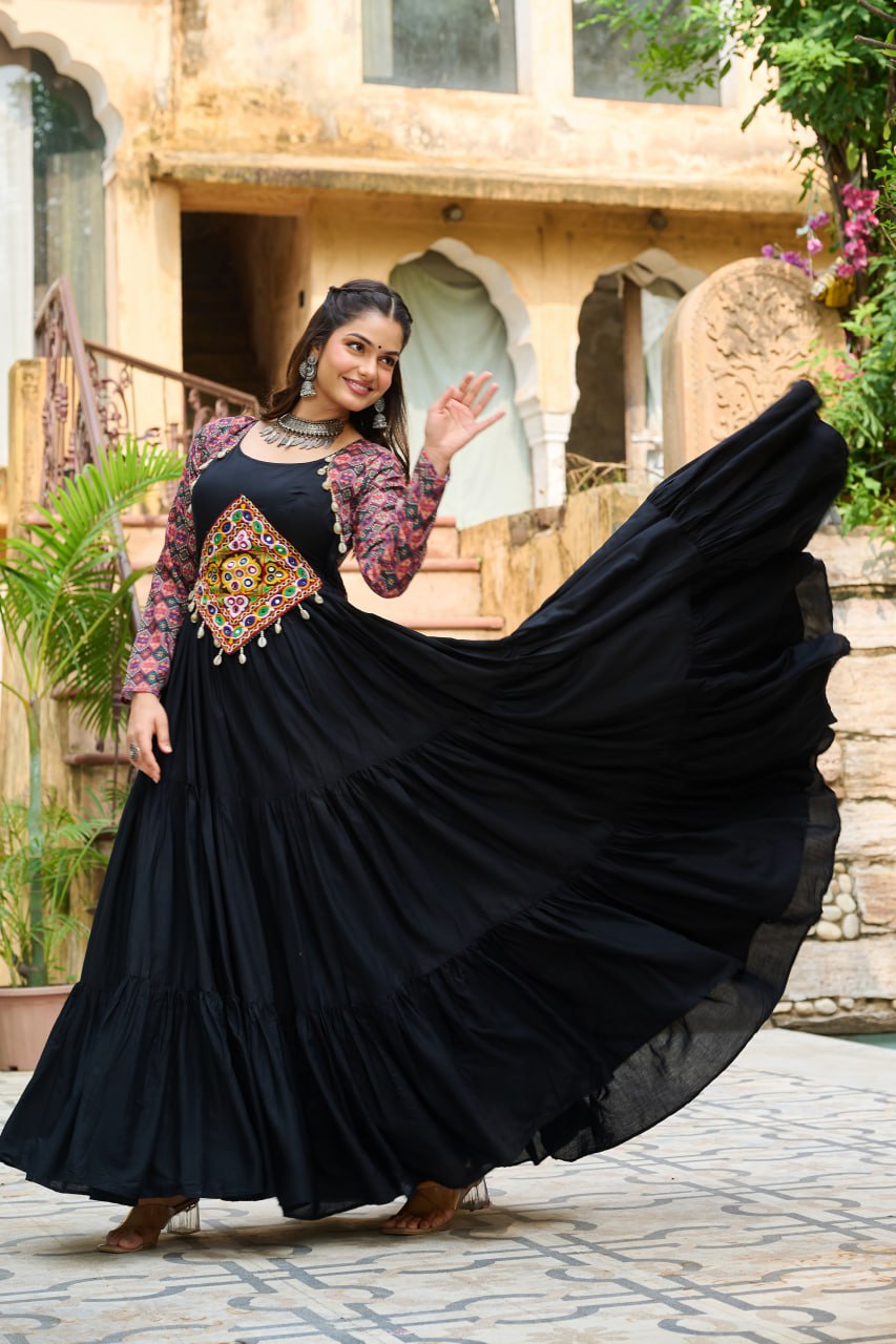 Long sleeve black color rayon gown for women

