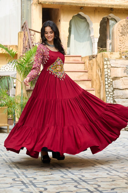 Maxi maroon color navratri rayon gown for women

