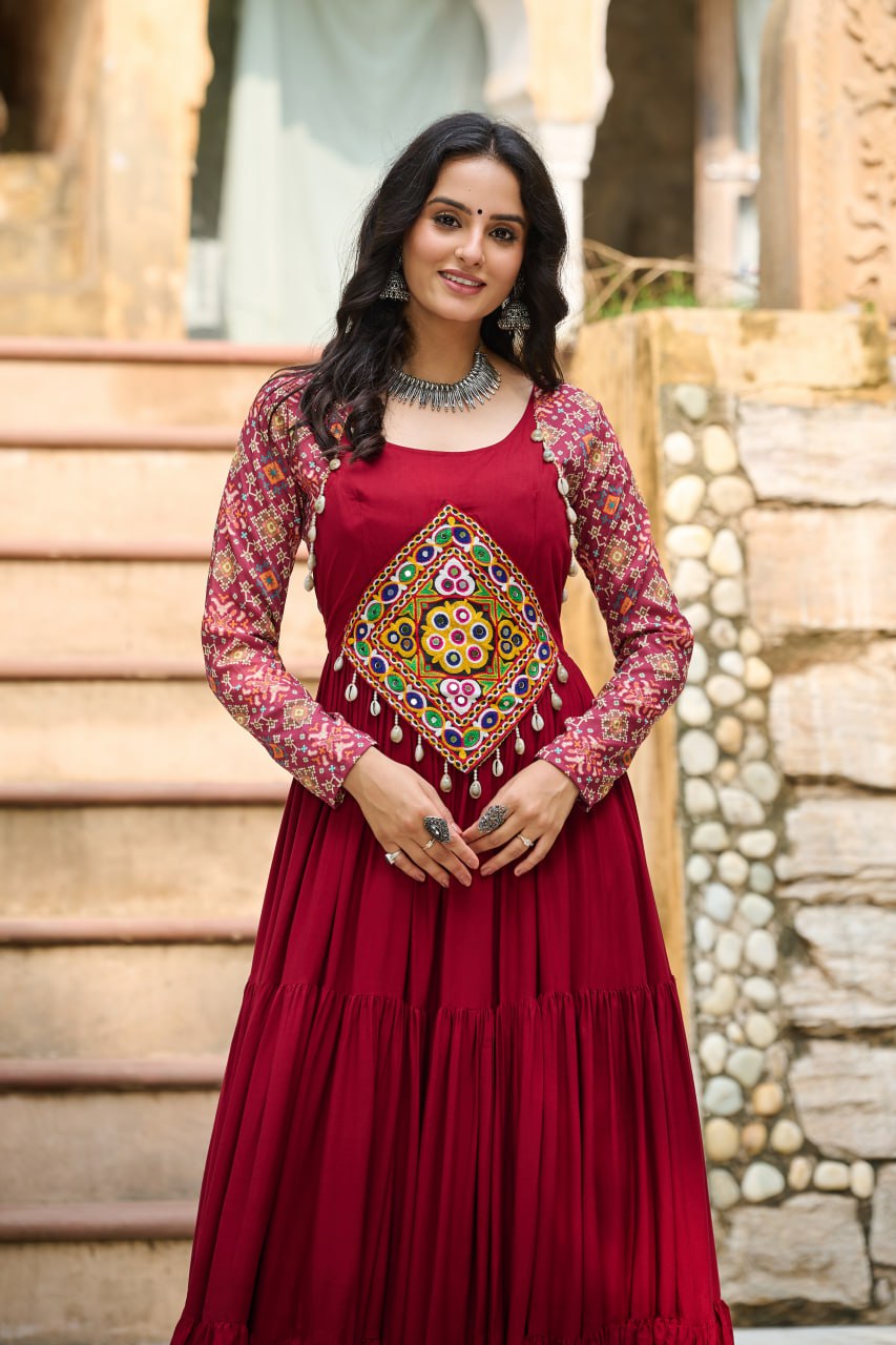 Maroon color navratri rayon gown for women online
