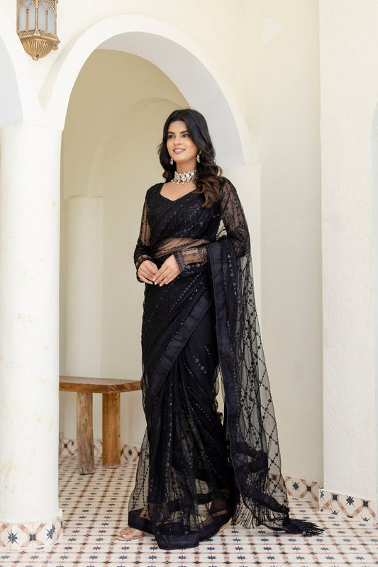 Black color soft mono net sarees
