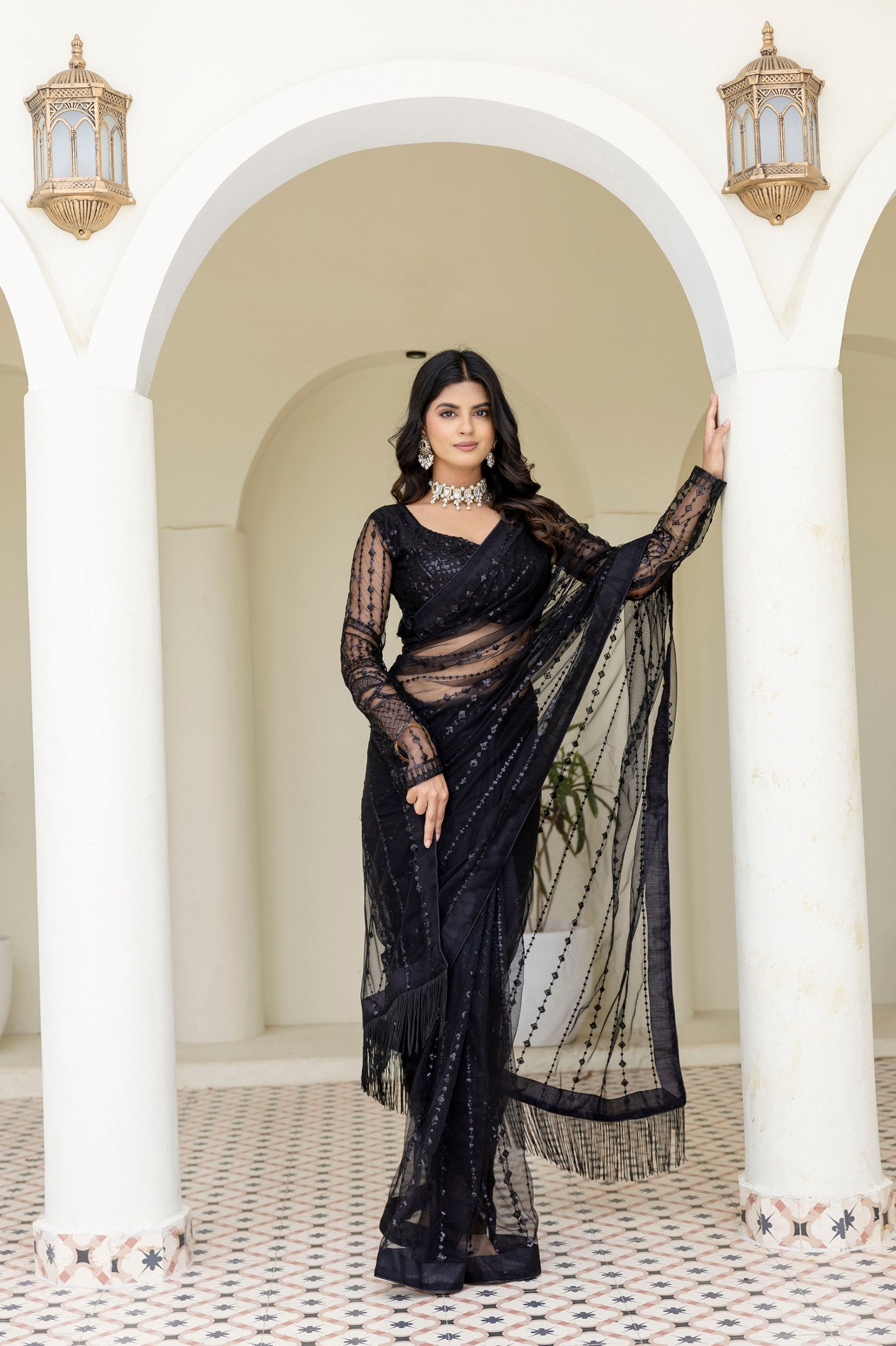 Black color embroidery work saree