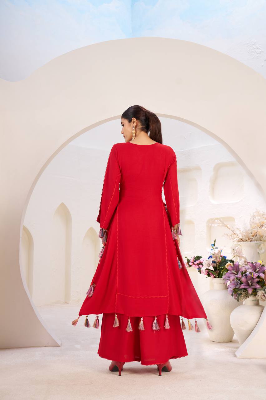 Red color mirror work plazzo suit in USA