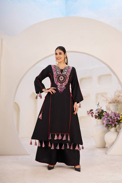 Black color rayon sharara suit for women price
