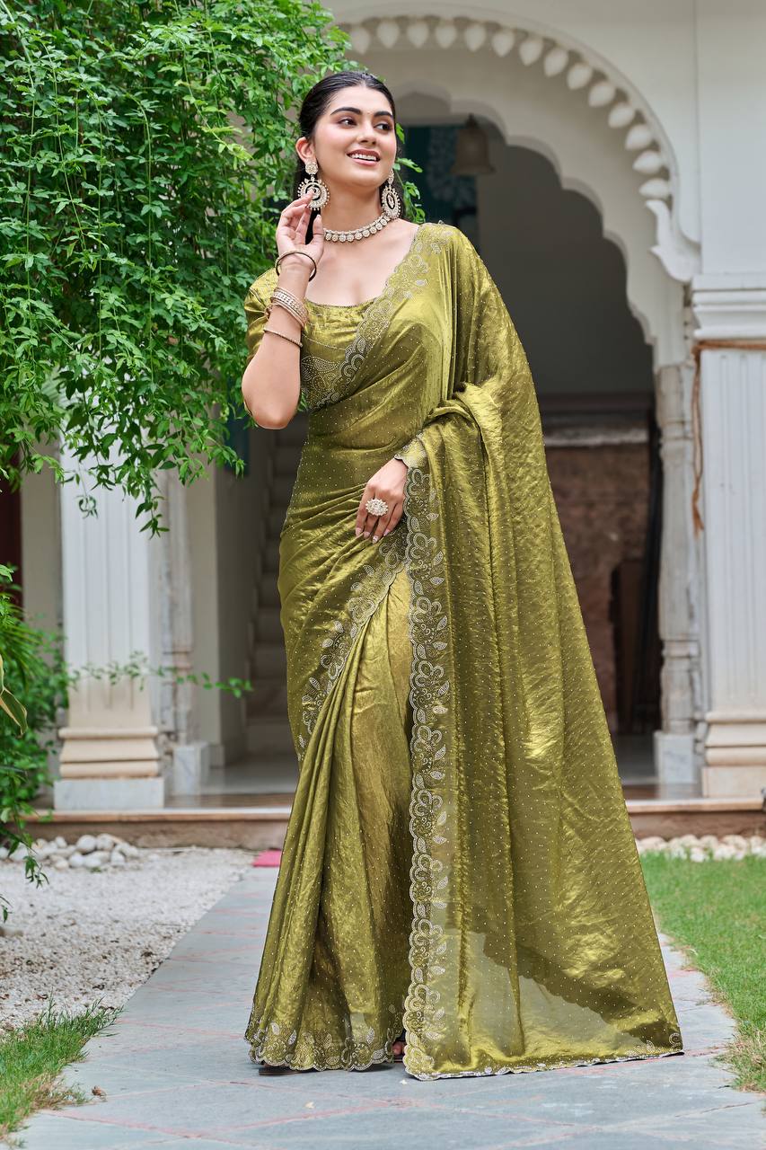 Green color fendy silk saree for women