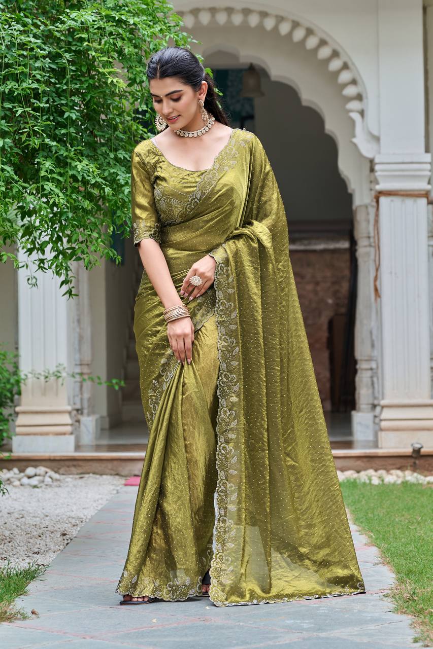 Green color fendy silk saree with blouse in online