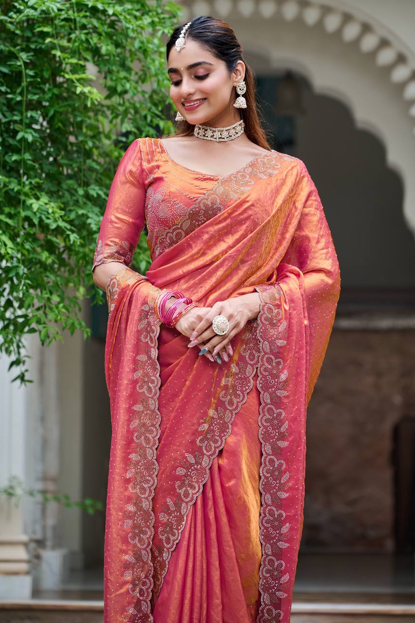 Pink color diamond work saree for wedding USA