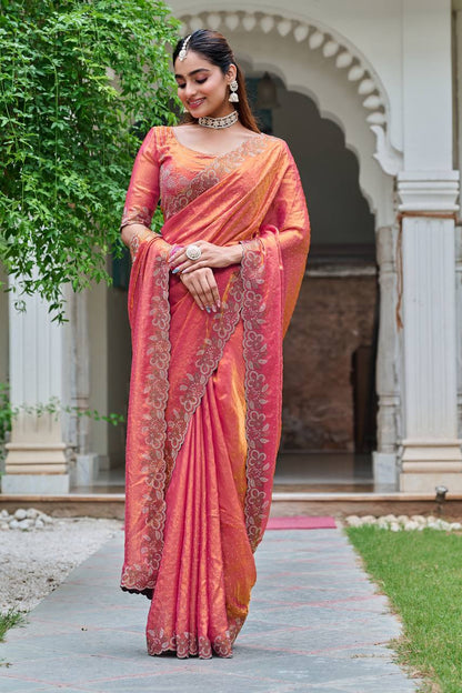 Pink color fendy silk saree for festive