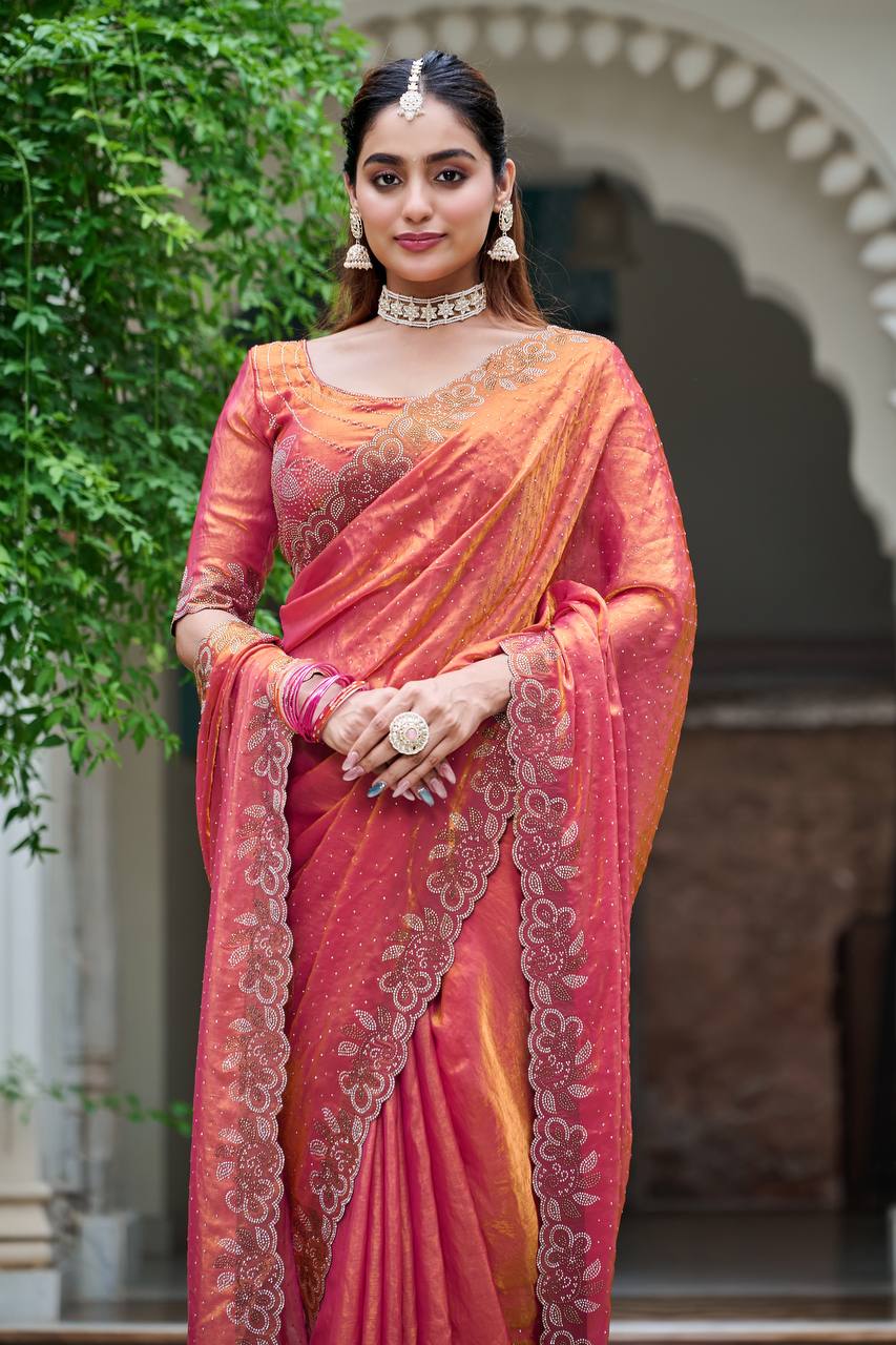 Pink color fendy silk party wear saree