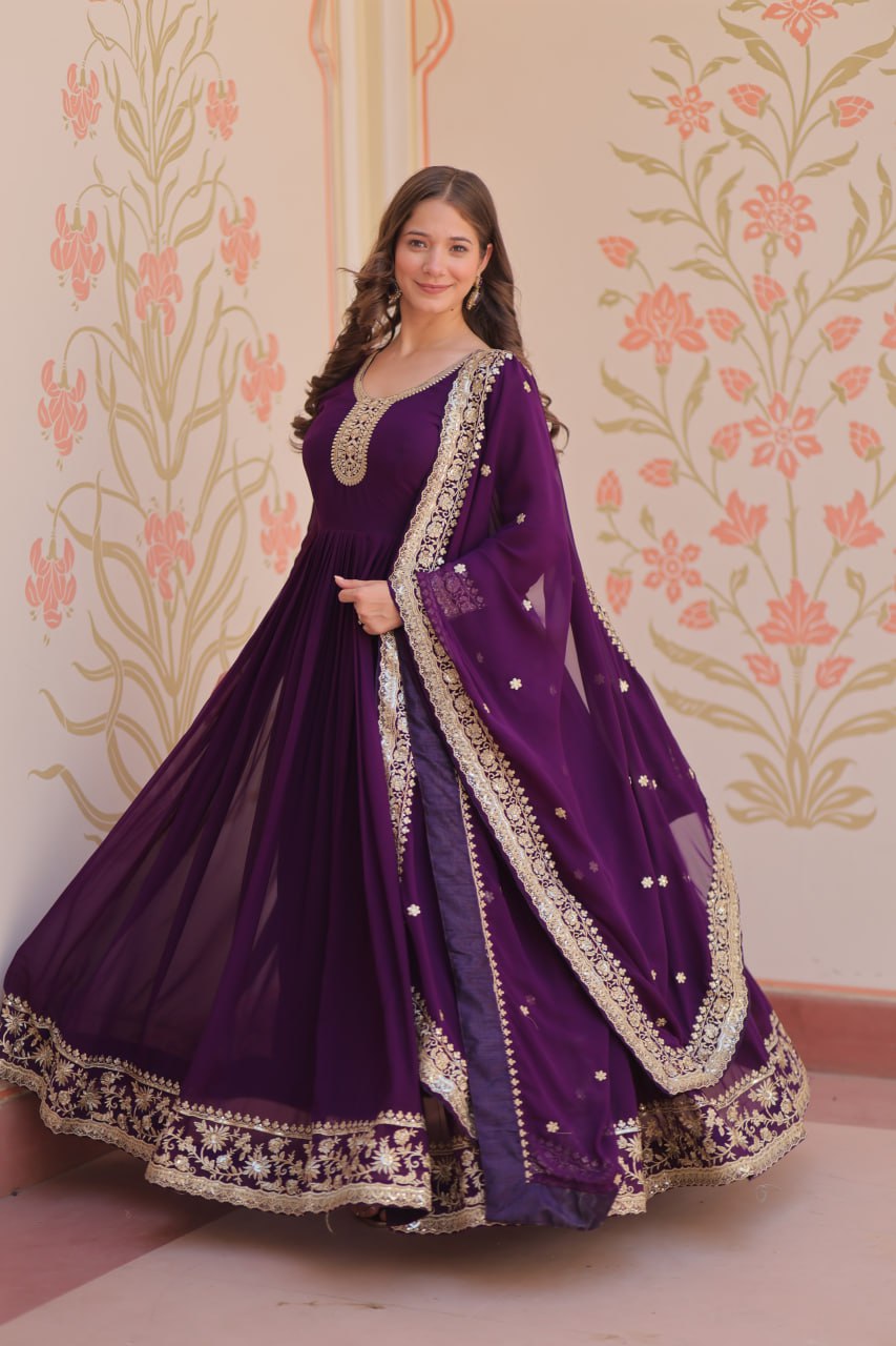 Long sleeves purple color gown online