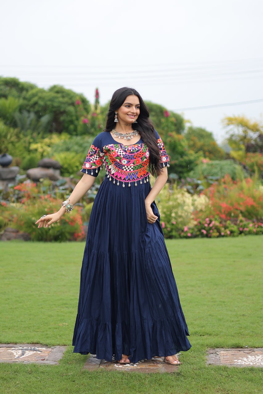 Gamthi work blue color gown for garba 