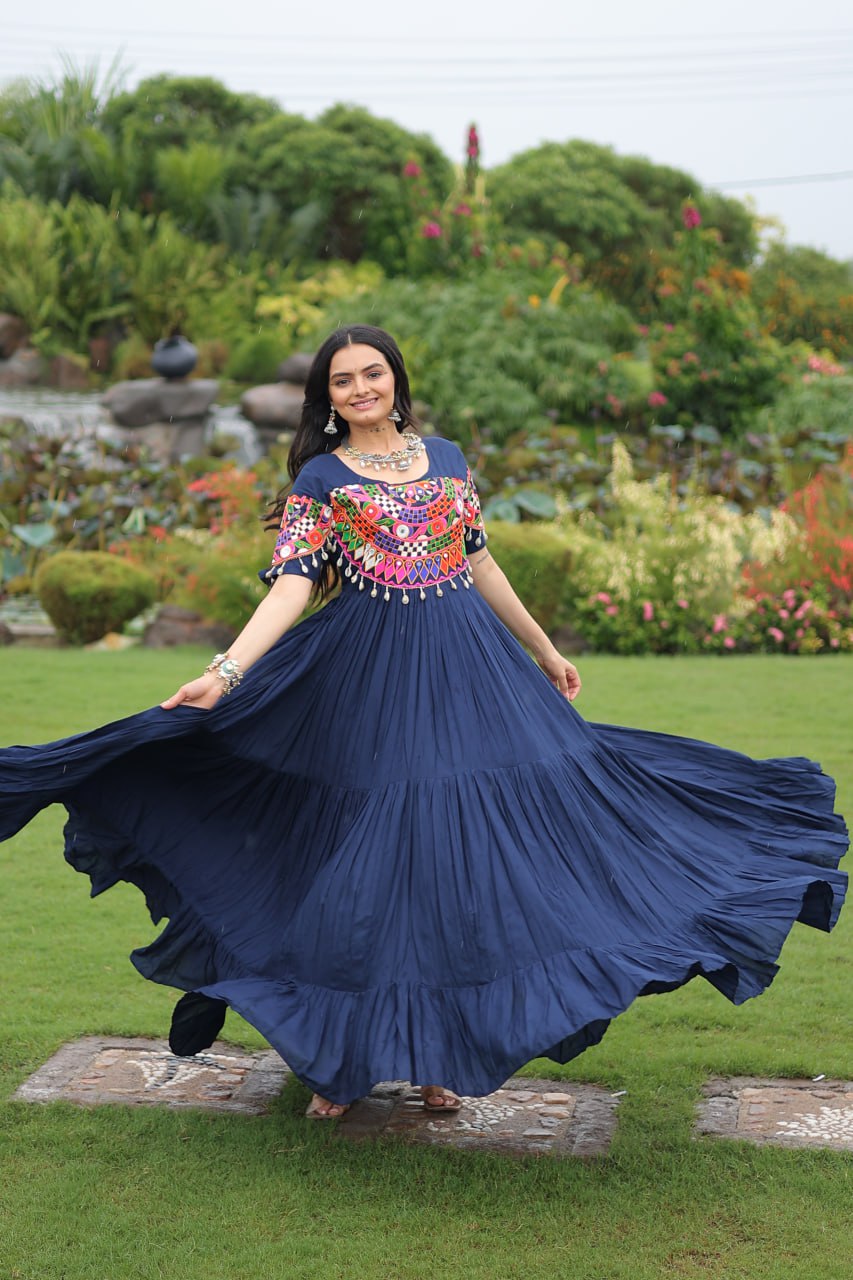 Blue color rayon kutchi work gown