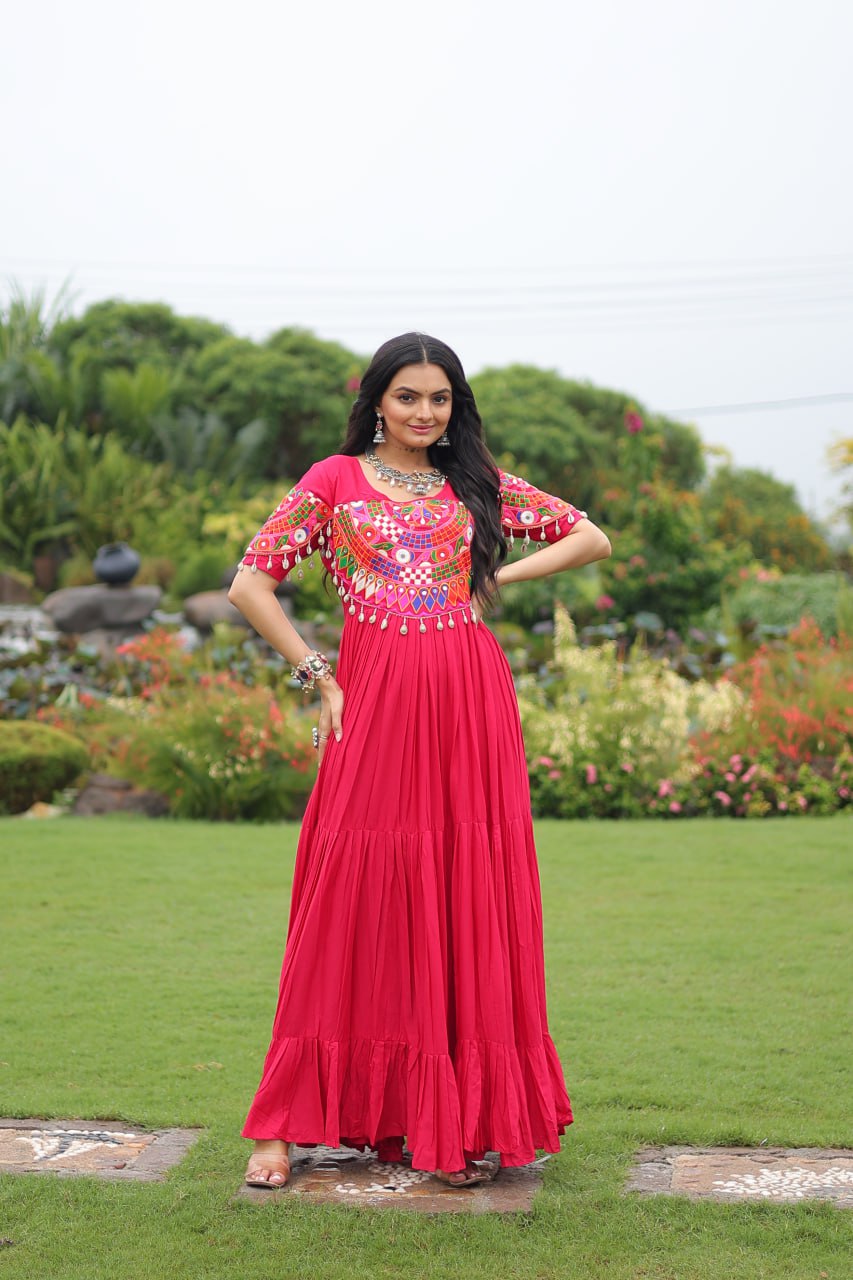 Women pink color rayon long gown

