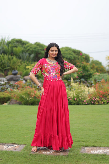 Women pink color rayon long gown
