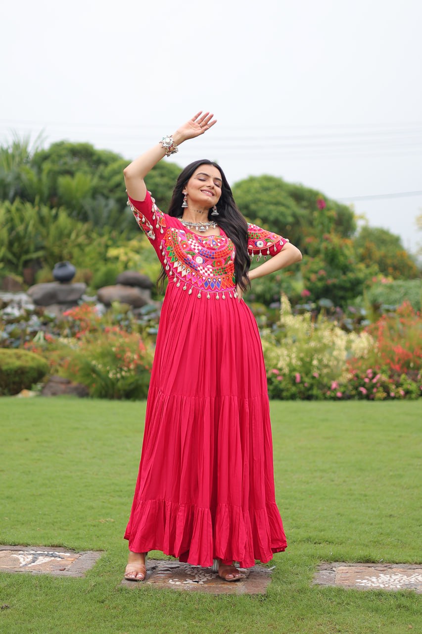 Women pink color rayon long gown for navratri