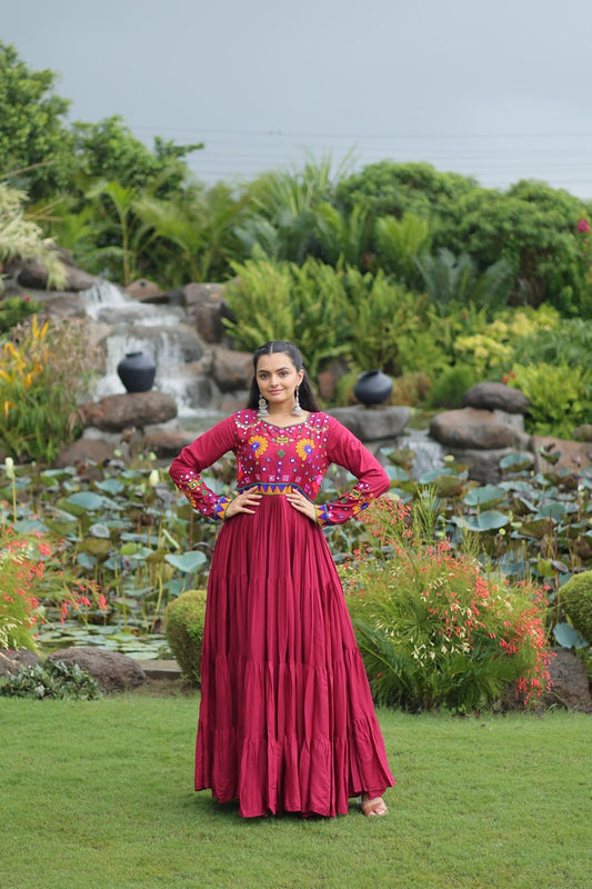 Maxi women maroon color rayon gown for navratri
