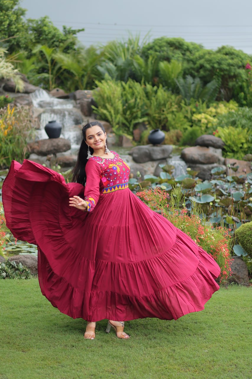 Maroon color kutchi work gown for women price