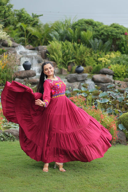 Maroon color kutchi work gown for women price