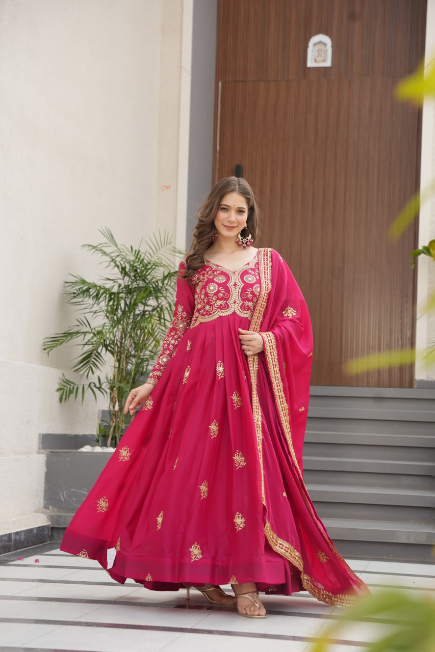 Pink color georgette long gown with sleeves
