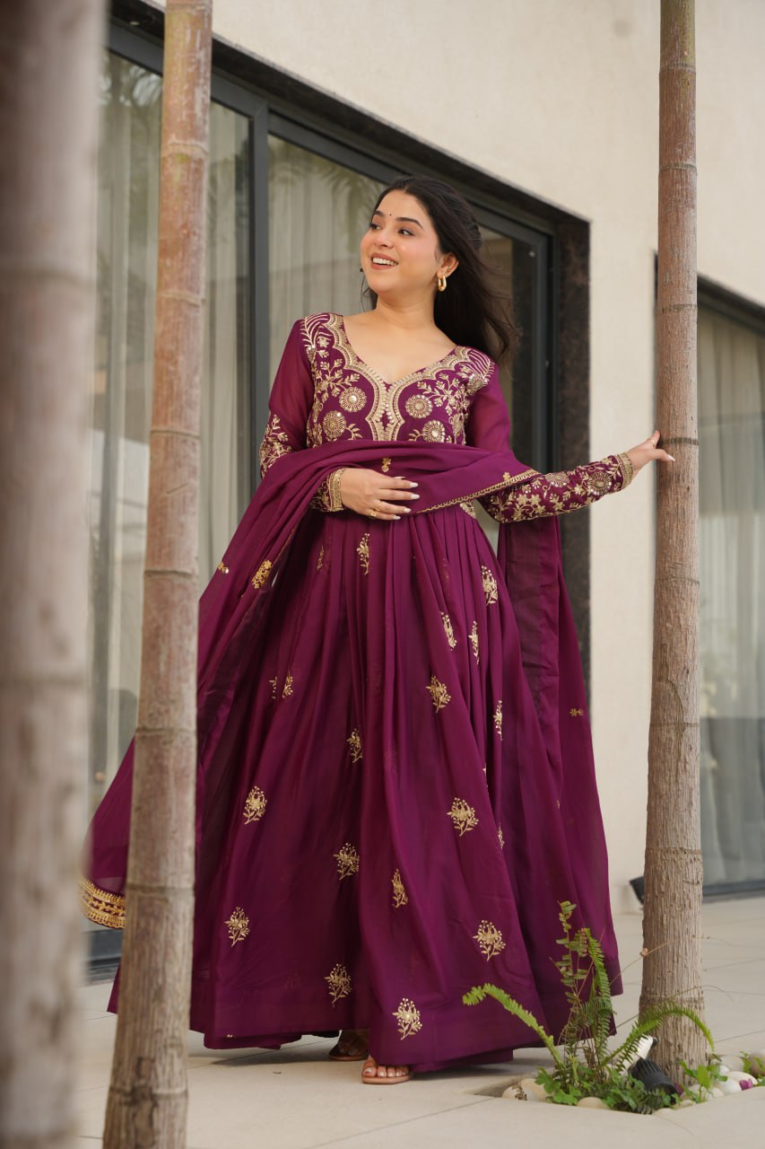 Women wine color georgette long gown
