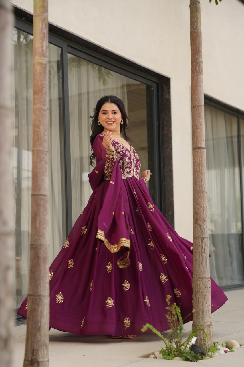 Party wear wine georgette gown with price