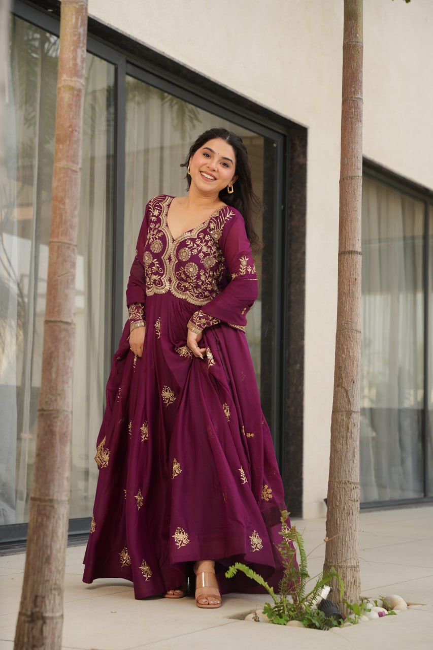 Wine color georgette long gown wedding
