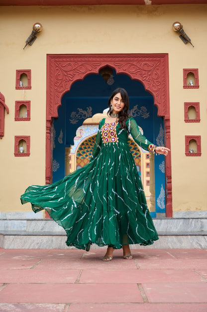 Green color leheriya printed gown price