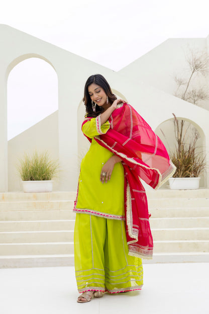 Party wear Parrot color sharara suit with dupatta