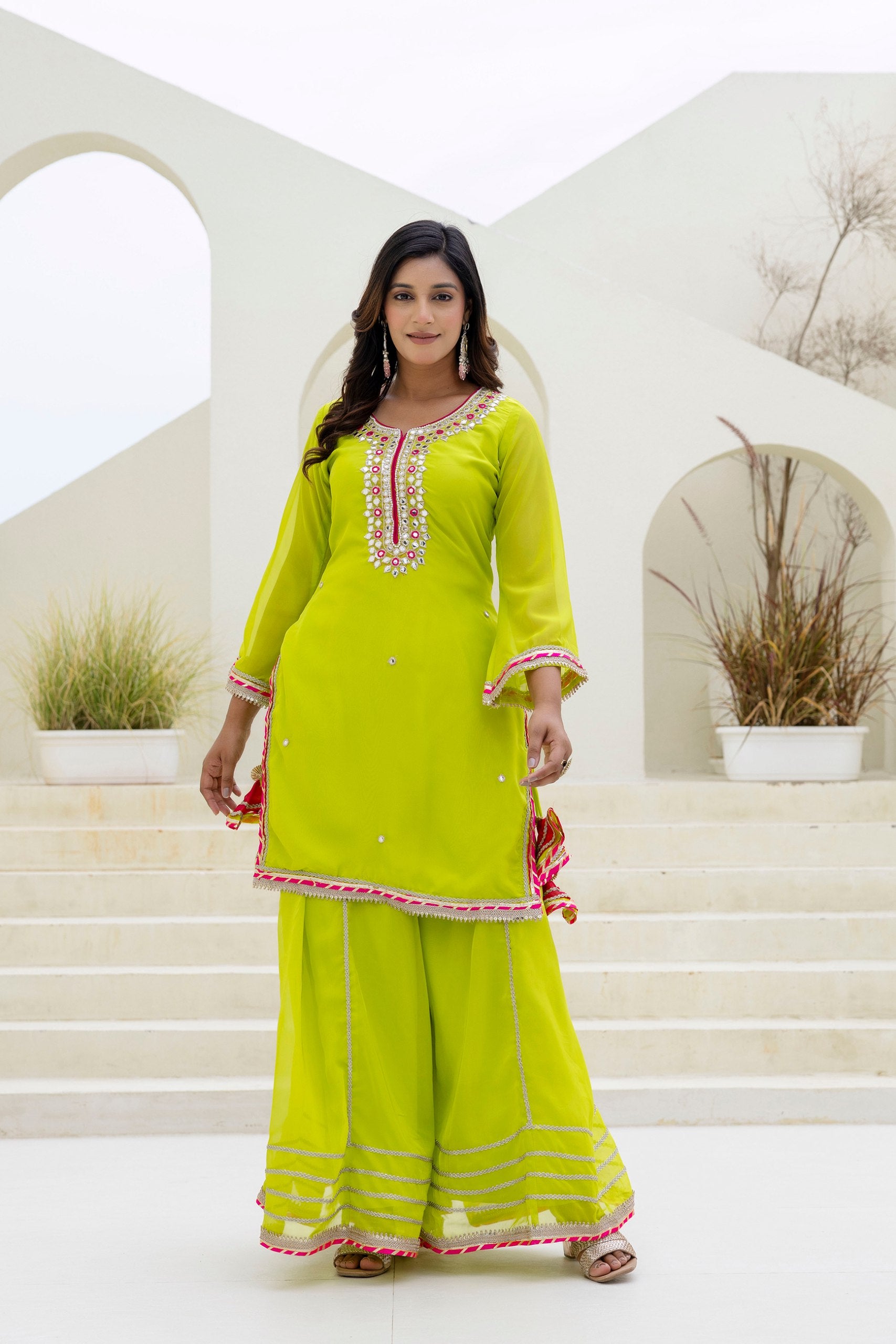 Parrot color organza sharara suit for women online
