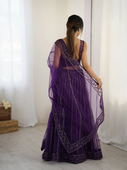 purple color net lehenga choli for reception