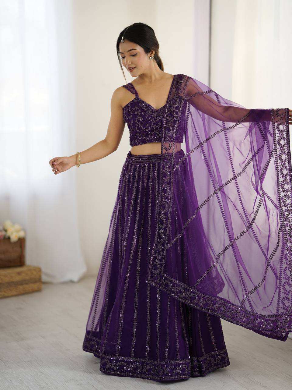 Purple color sequins work ghagra choli with online 