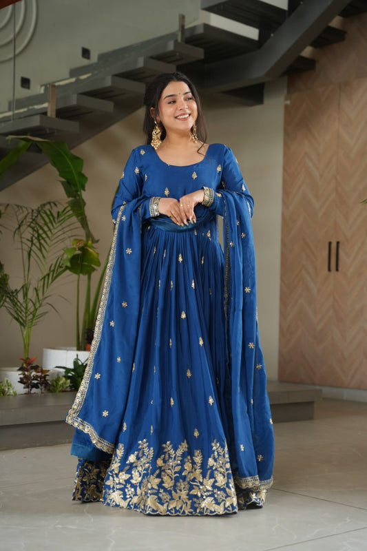 Blue color chinon gown for women