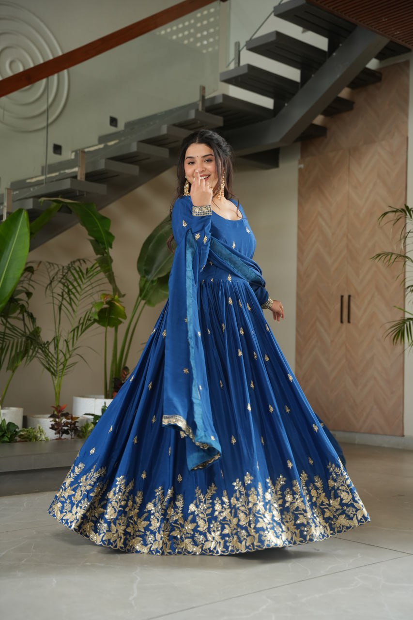 Long sleeves blue chinon gown with online