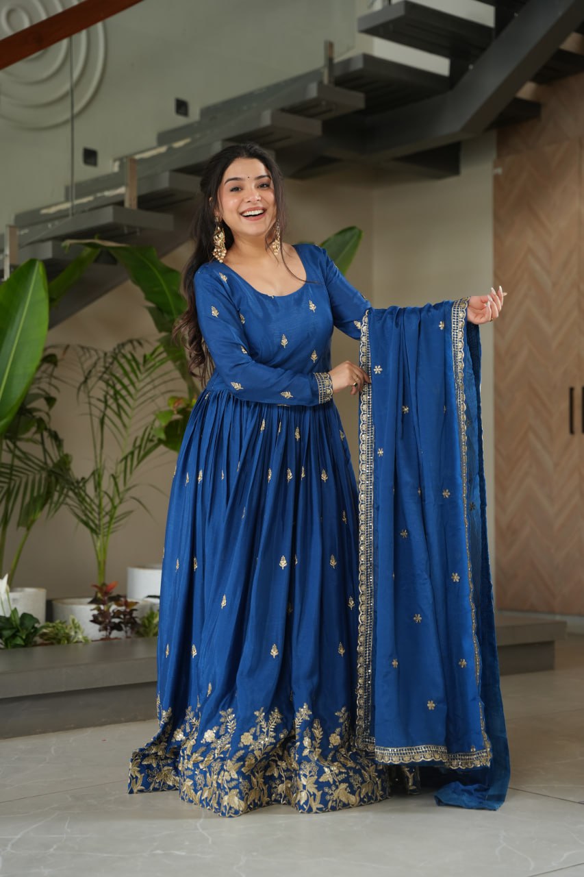 Blue chinon gown for party wear