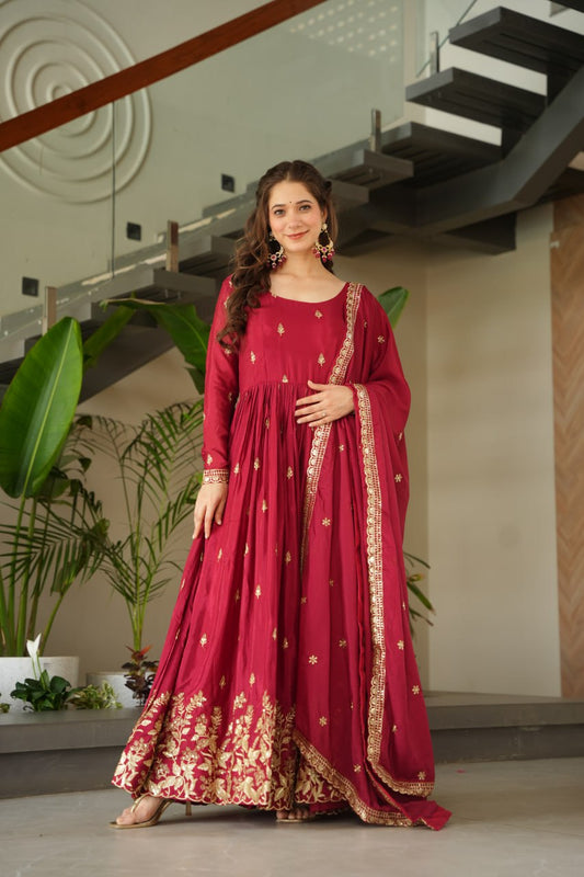Wedding wear red chinon gown 