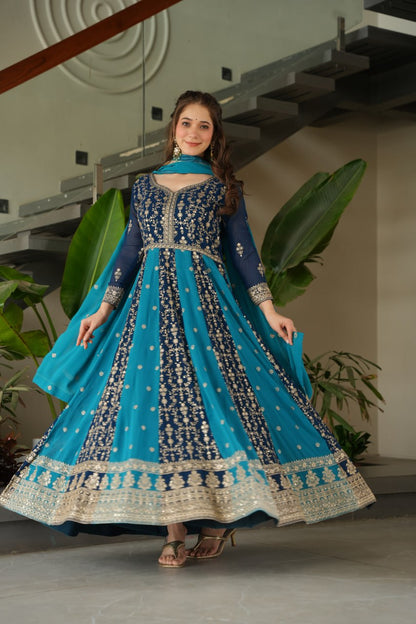 Teal color readymade gown with dupatta in USA