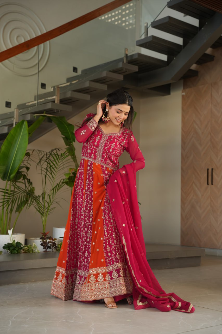 Pink color embroidery work gown in USA