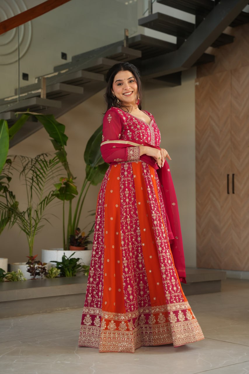 Long sleeve pink color gown for women
