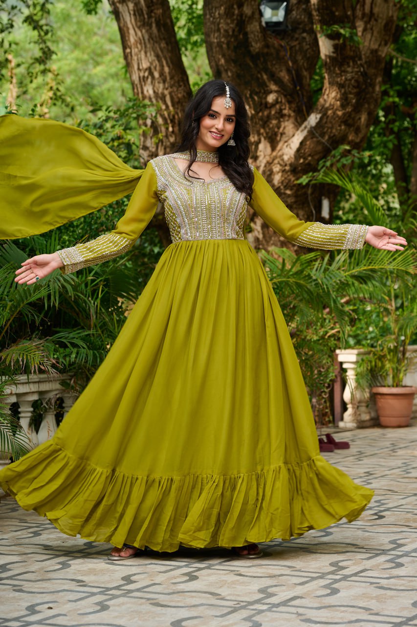 Parrot Green Elegant Star Georgette Embroidered Gown with Dupatta Beads & Sequins Work M Parrot Green Elegant Star Georgette Embroidered Gown with Dupatta Beads & Sequins Work M